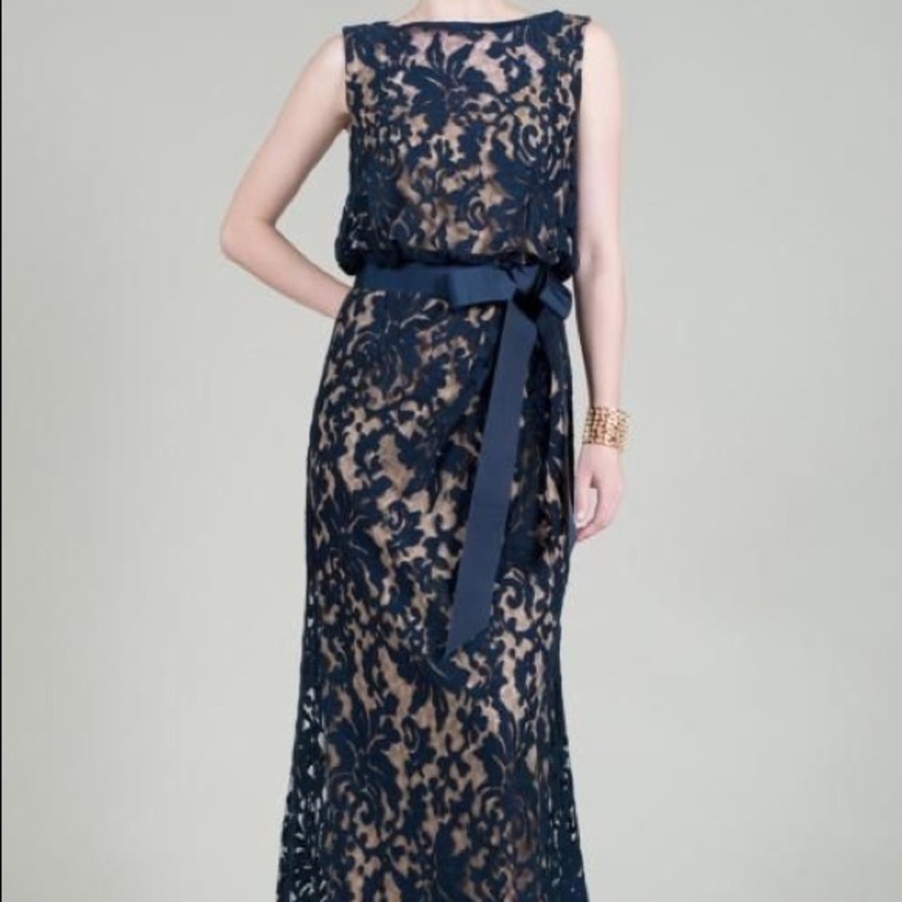 Tadashi Shoji lace blue waist tie dress size 8